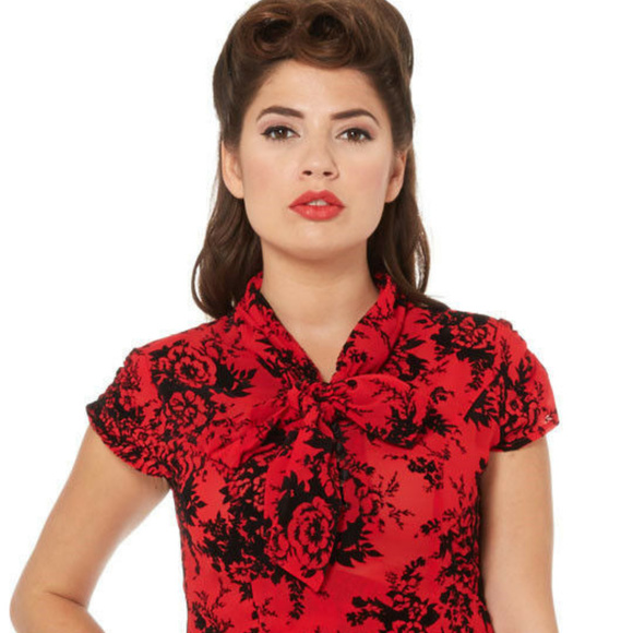 New Fitted Red Black Flocked Neck Tie Blouse M - Picture 3 of 3